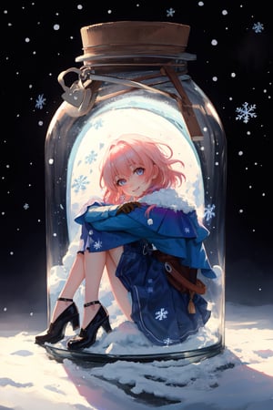 march7th,pink hair, single glove, black heels, camera,1girl,solo,best quality, looking at viewer,masterpiece,expressive eyes, perfect face,complex, dramatic lighting, rim lighting,JAR,gib\(concept\),curled up,hugging legs,smile, simple background, full body, snowflakes,snow, minigirl,