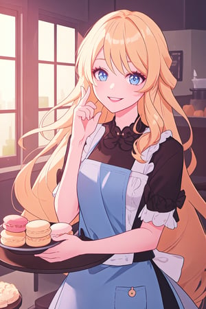 1girl,solo,adult,best quality, masterpiece,expressive eyes, perfect face,complex, dramatic lighting, rim lighting, long hair,blonde hair, blue eyes, apron,hand on face,smile,holding tray,macaroons,cozy interior,sunset,baking,