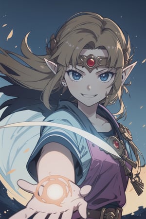 1girl, solo,best quality, masterpiece,expressive eyes,low diagonal view, perfect face,complex, dramatic lighting, rim lighting,zeldaALBW,aesthetic, holding rasengan on hand, spiral wind currents swirling around hand, smirk,