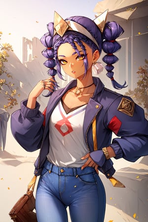 Jeht,best quality, masterpiece,expressive eyes, perfect face,complex, dramatic lighting, rim lighting,dark skin,brown skin,purple hair,braided pigtails,((eyes exposed,yellow eyes)),aesthetic,white choker,two braided strands of hair parted,((baggy baseball jacket)),hand on hips,outdoors, dawn,parted lips,red blindfold,(((blue jeans))),
