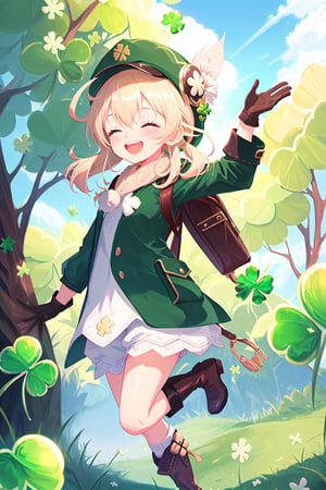 1girl,cute,(chibi),child, klee \(genshin impact\),((all green outfit)),bloomers, brown gloves, knee boots, cabbie hat, green coat, scarf, backpack,best quality, masterpiece,expressive eyes, perfect face,complex, dramatic lighting, rim lighting,outdoors,happy, jumping, smile with open mouth,eyes closed, ((holding giant four leave clover above head)), four leaf clovers, 