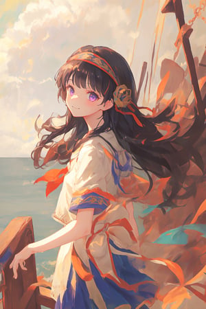 hidari(artist) style,aesthetic,masterpiece,looking at viewer,expressive eyes, perfect face,complex, dramatic lighting, rim lighting,long hair, japanese schoolgirl sailor outfit,blue headband,purple eyes,short sleeves,white skirt,long skirt,smile,random angles,hands behind back,