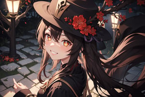 view from above,looking at viewer, masterpiece, best quality, aesthetic,pikkyhutao, 1girl, brown hair, long hair, flower-shaped pupils, solo, yellow eyes, looking at viewer, twintails, flower, hat, long sleeves, bangs, blush, jewelry, hat flower, black headwear, smile showing teeth,((night)),outdoors,((grove)),flowers,((silk flowers)),