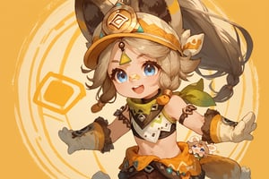 score_9, score_8, score_7, score_7_up, score_8_up,cute,stubby,chibi,zzKachina, animal ears, blue eyes, long hair, side braids, high ponytail,  brown hair, bandaid on nose, green bandana, bandana around neck, clothes around waist, crop top, fur-trimmed gloves, white mittens, brown shorts,open mouth smile,