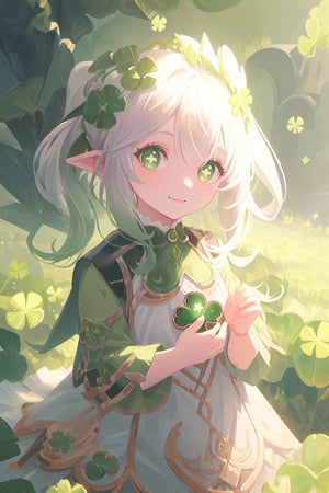 1girl,cute,(chibi),child,((all green outfit)),1girl, solo, nahida_genshin, cross-shaped pupils,best quality, masterpiece,expressive eyes, perfect face,complex, dramatic lighting, rim lighting,outdoors, smile, ((holding giant four leave clover above head)), four leaf clovers, 