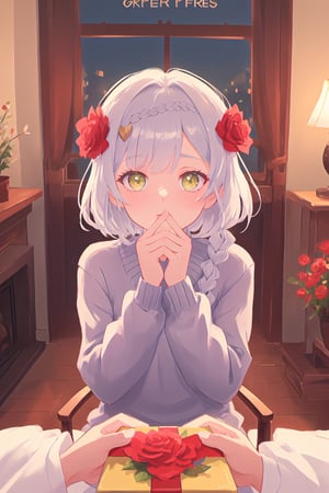 noelle_genshin,noelle gi,short hair,lime green eyes, ((braid)),hair flower,red rose,turtle neck sweater,best quality,looking at viewer, masterpiece,expressive eyes, perfect face,complex, dramatic lighting, rim lighting,shy,blush,(hands covering mouth),indoors,fireplace, cozy interior, night time,((recieving present from viewer)),((other person hands giving present pov)),
