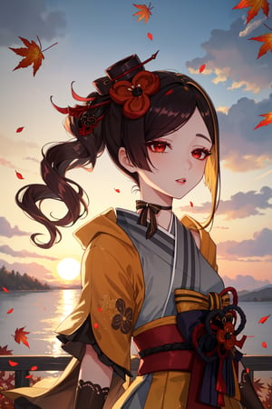 chiori, hair ornament, japanese clothes, kimono, flower, gloves, black gloves, hair flower, elbow gloves, pantyhose, sash, obi, long hair, thighhighs, choker,viewed from behind,best quality,aesthetic,perfect face,expressive eyes,((upper body)),small breasts,breasts covered,hand moving hair, (((half lidded eyes))), parted lips, autumn leaves falling,complex, dramatic lighting, rim lighting,outdoors, ((sunset)),holding sword over shoulder,sword behind back, sword running down back,