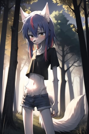 A hungry female furry wolf, 17 years old, starving in a forest, belly free shirt and shorts, belly free, cute, sad, powerless, shy posture, twilight, intimacy, soft lighting, masterpiece, best quality, high quality, highres, absurdres, very detailed, high resolution, sharp, sharp image, 8k, vivid, colorful, stunning, anime, aesthetic