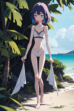 a very skinny woman, 19 years old, lace and sexy underwear, on a tropical island, walking along the beach, extreme malnourished, starving for weeks, fainting from hunger, exhausted, tired, walking, fainting, collapsing with her whole body, getting unconscious, twilight, intimacy, soft lighting, masterpiece, best quality, high quality, highres, absurdres, very detailed, high resolution, sharp, sharp image, 8k, vivid, colorful, stunning, anime, aesthetic, skinny