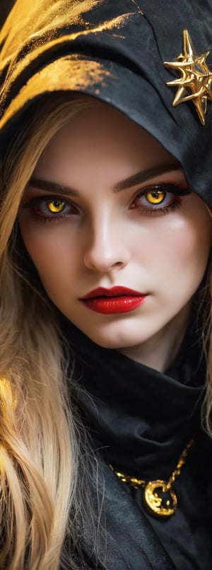 Red eyes, evil, golden, shiny, gold hair,High detailed ,midjourney,perfecteyes,Color magic,urban techwear,hmochako,better witch,witch, witch,Long hair ,long hair