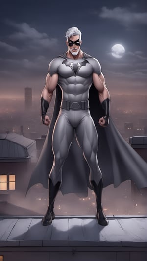 1 son , gray hair gray eyes Mask , muscular body , Superhero costume , standing on the roof the , night