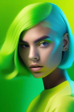 A captivating minimalist portrait of a young woman, her sky blue eyes mesmerizing and her bold lime-green hair making a powerful statement. The striking pose, characterized by clean lines and shapes, exudes cinematic intensity. A vibrant lime gradient serves as the backdrop, seamlessly blending modern and powerful elements. The portrait masterfully combines portrait photography, illustration, and 3D render techniques, creating a visually stunning and impactful piece. The fusion of cinematic, fashionable, and artistic aspects imbues the image with depth and emotion, inviting the viewer to be immersed in the captivating world of the subject, where the boundaries between reality and fantasy blur. This piece demonstrates the significance of contemporary minimalist art in modern culture, showcasing the artist's skillful use of varying techniques to create a truly unique and unforgettable image., 3d render, fashion, vibrant, painting, cinematic, portrait photography, illustration