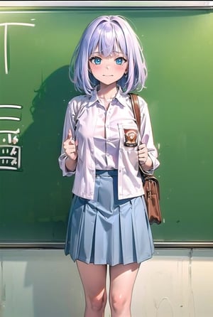 1girl, Elaina, wearing a blue skirt, wearing indonesian high school uniform,open clothes,blush,wearing a white button up shirt, standing in front of the blackboard, wearing a bag, embarrassed facial expression,wearing indonesian high school uniform,Pussy Flash