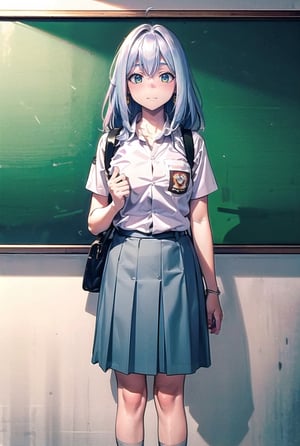 1girl, Elaina, wearing a blue skirt, wearing indonesian high school uniform, standing in front of the blackboard, wearing a bag, embarrassed facial expression,wearing indonesian high school uniform