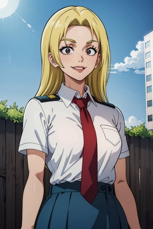 masterpiece, best quality, perfect scenery, perfect lighting, highest quality, best quality, highly detailed, high resolution, amazing quality, very aesthetic, A girl, alone, Yuki Tsukumo from Jujutsu Kaisen, long blonde hair, smiling, standing on a street, Outfit: skirt, shirt, school uniform, white shirt, short sleeves, pleated skirt, necktie, collared shirt, red necktie, green skirt, u.a. school uniform, background: a sunny, cloudless day.
,Yuki Tsukumo,1girl,blonde,boku_no_hero_academia_style,long hair