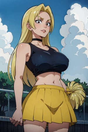 masterpiece, best quality, perfect setting, perfect lighting, highest quality, best quality, highly detailed, high resolution, amazing quality, very aesthetic, A girl, alone, Yuki Tsukumo from Jujutsu Kaisen, long blonde hair, cheerful, standing on a court, Equipment: cheerleader, orange crop top, choker, sleeveless, pleated skirt, orange skirt, pom pom. background: a sunny, cloudless day. ,Yuki Tsukumo,1girl,blonde,boku_no_hero_academia_style,long hair