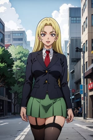 masterpiece, best quality, perfect scenery, perfect lighting, highest quality, best quality, highly detailed, high resolution, amazing quality, very aesthetic, A girl, alone, Yuki Tsukumo from Jujutsu Kaisen, long blonde hair, cheerful, standing on a street, Outfit: school uniform, red necktie, collared shirt, blazer, grey jacket, long sleeves, pleated skirt, green skirt, black stocking Future Underground City, background: a sunny, cloudless day.
,Yuki Tsukumo,1girl,blonde,boku_no_hero_academia_style,long hair