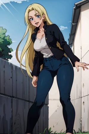 A girl, alone, Yuki Tsukumo from Jujutsu Kaisen, long blonde hair, happy, standing on a street, wearing a black jacket, dark blue pants, background: a sunny, cloudless day.