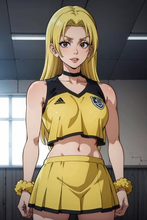 masterpiece, best quality, perfect setting, perfect lighting, highest quality, best quality, highly detailed, high resolution, amazing quality, very aesthetic, A girl, alone, Yuki Tsukumo from Jujutsu Kaisen, long blonde hair, cheerful, standing in a soccer field, Equipment: cheerleader, crop top, orange, choker, sleeveless, pleated skirt, orange skirt, pompom.
