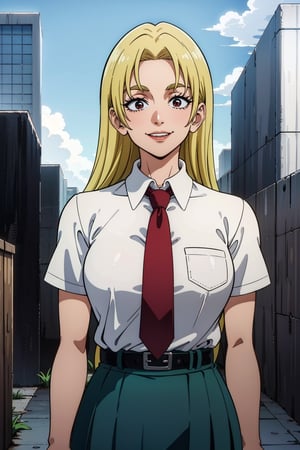 masterpiece, best quality, perfect scenery, perfect lighting, highest quality, best quality, highly detailed, high resolution, amazing quality, very aesthetic, A girl, alone, Yuki Tsukumo from Jujutsu Kaisen, long blonde hair, smiling, standing on a street, Outfit: skirt, shirt, school uniform, white shirt, short sleeves, pleated skirt, necktie, collared shirt, red necktie, green skirt, u.a. school uniform, background: a sunny, cloudless day.
,Yuki Tsukumo