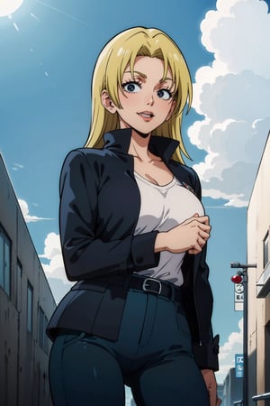 A girl, alone, Yuki Tsukumo from Jujutsu Kaisen, long blonde hair, happy, standing on a street, wearing a black jacket, dark blue pants, background: a sunny, cloudless day.