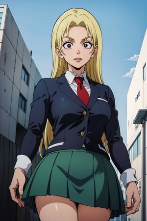 masterpiece, best quality, perfect scenery, perfect lighting, highest quality, best quality, highly detailed, high resolution, amazing quality, very aesthetic, A girl, alone, Yuki Tsukumo from Jujutsu Kaisen, long blonde hair, cheerful, standing on a street, Outfit: school uniform, red necktie, collared shirt, blazer, grey jacket, long sleeves, pleated skirt, green skirt, u.a. school uniform, background: a sunny, cloudless day.
,Yuki Tsukumo,1girl,blonde,boku_no_hero_academia_style,long hair