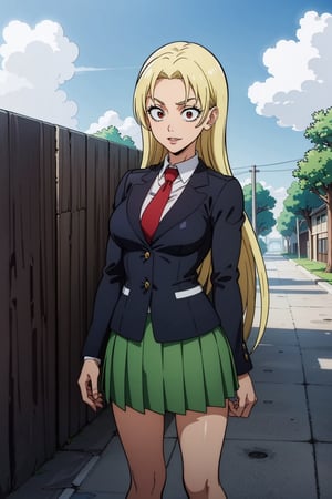 masterpiece, best quality, perfect scenery, perfect lighting, highest quality, best quality, highly detailed, high resolution, amazing quality, very aesthetic, A girl, alone, Yuki Tsukumo from Jujutsu Kaisen, long blonde hair, cheerful, standing on a street, Outfit: school uniform, red necktie, collared shirt, blazer, grey jacket, long sleeves, pleated skirt, green skirt, u.a. school uniform, background: a sunny, cloudless day.
,Yuki Tsukumo,1girl,blonde,boku_no_hero_academia_style,long hair