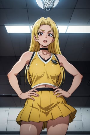 masterpiece, best quality, perfect setting, perfect lighting, highest quality, best quality, highly detailed, high resolution, amazing quality, very aesthetic, A girl, alone, Yuki Tsukumo from Jujutsu Kaisen, long blonde hair, cheerful , standing on a court, Equipment: cheerleader, orange top, choker, sleeveless, pleated skirt, orange skirt, pompom.
