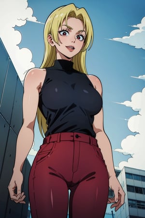 A girl, alone, Yuki Tsukumo from Jujutsu Kaisen, long blonde hair, happy, standing on a street, wearing a black sleeveless t-shirt, dark red pants, background: a sunny, cloudless day.
