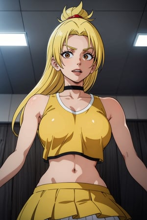 masterpiece, best quality, perfect setting, perfect lighting, highest quality, best quality, highly detailed, high resolution, amazing quality, very aesthetic, A girl, alone, Yuki Tsukumo from Jujutsu Kaisen, long blonde hair, cheerful , standing on a court, Equipment: cheerleader, crop top, orange, choker, sleeveless, pleated skirt, orange skirt, pompom.