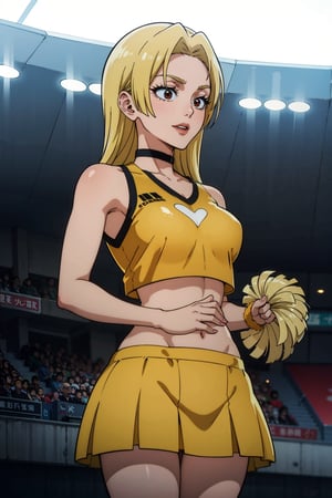 masterpiece, best quality, perfect setting, perfect lighting, highest quality, best quality, highly detailed, high resolution, amazing quality, very aesthetic, A girl, alone, Yuki Tsukumo from Jujutsu Kaisen, long blonde hair, cheerful, standing in a soccer field, Equipment: cheerleader, crop top, orange, choker, sleeveless, pleated skirt, orange skirt, pompom.
