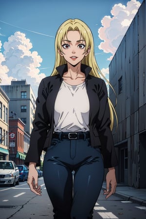 A girl, alone, Yuki Tsukumo from Jujutsu Kaisen, long blonde hair, happy, standing on a street, wearing a black jacket, dark blue pants, background: a sunny, cloudless day.