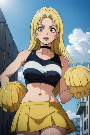 masterpiece, best quality, perfect scenery, perfect lighting, highest quality, best quality, highly detailed, high resolution, amazing quality, very aesthetic, A girl, alone, Yuki Tsukumo from Jujutsu Kaisen, long blonde hair, cheerful, standing on a street, Outfit: cheerleader, orange crop top, choker, sleeveless, pleated skirt, orange skirt, pom pom \(cheerleading\), background: a sunny, cloudless day. ,Yuki Tsukumo,1girl,blonde,boku_no_hero_academia_style,long hair