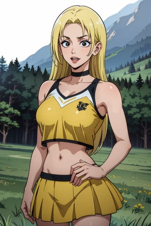 masterpiece, best quality, perfect setting, perfect lighting, highest quality, best quality, highly detailed, high resolution, amazing quality, very aesthetic, A girl, alone, Yuki Tsukumo from Jujutsu Kaisen, long blonde hair, cheerful, standing in a meadow, Equipment: cheerleader, crop top, orange, choker, sleeveless, pleated skirt, orange skirt, pompom.
