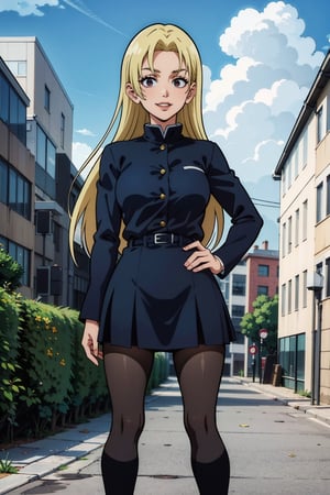 A girl, alone, Yuki Tsukumo from jujutsu kaisen, long blonde hair, happy, standing on a street, wearing the female school uniform, from My hero academy, background: cloudless sunny day
