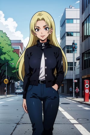 A girl, alone, Yuki Tsukumo from Jujutsu Kaisen, long blonde hair, happy, standing on a street, wearing a black jacket, dark blue pants, background: a sunny, cloudless day.