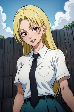 A girl, alone, Yuki Tsukumo from Jujutsu Kaisen, long blonde hair, happy, standing on a street, Outfit: skirt, shirt, school uniform, white shirt, short sleeves, pleated skirt, necktie, collared shirt, red necktie, green skirt, u.a. school uniform, background: a sunny, cloudless day.
,Yuki Tsukumo 