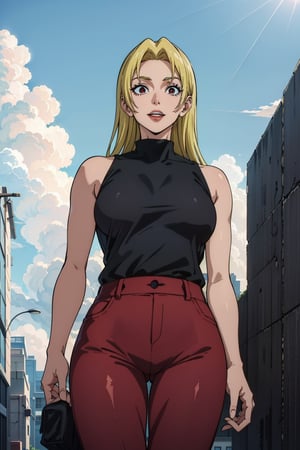 A girl, alone, Yuki Tsukumo from Jujutsu Kaisen, long blonde hair, happy, standing on a street, wearing a black sleeveless t-shirt, dark red pants, background: a sunny, cloudless day.
