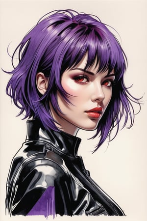 Pencil Sketch of a 27-year-old beautiful Japanese-French mix woman, Motoko Kusanagi cyborg sketch, Ghost in the Shell, purple bob cut, messy hair, attractive, Charles Miano & Shirow Masamune portrait, ink drawing, illustration Art, soft lighting, details, details Flowing rhythm, elegant, low contrast, add soft blur with thin lines Lines, plump lips, ((red eyes)), black leather jacket, serious features