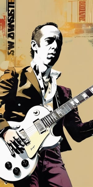 ((Portrait of Mick Jones)), ((The Clash)), London Calling, Tommy gun, slender body, muted colors, ((((white Les Paul)))), dynamic pose, digital pane ting, ((illustration depth) )), frontal image, haunting, highly complex work, drawing style by Milo Manara and Russ Mills, drawing style, 2D