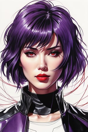 Pencil sketch of a 27 year old beautiful Asian and French mi woman, Motoko Kusanagi cyborg sketch, Ghost in the Shell purple bob cut, messy hair, attractive, Charles Miano portrait, ink drawing, illustration art, soft Lighting, details, details Flowing rhythm, elegant, low contrast, adding soft blur with thin lines Lines, plump lips, ((red eyes)), black leather jacket, serious face
