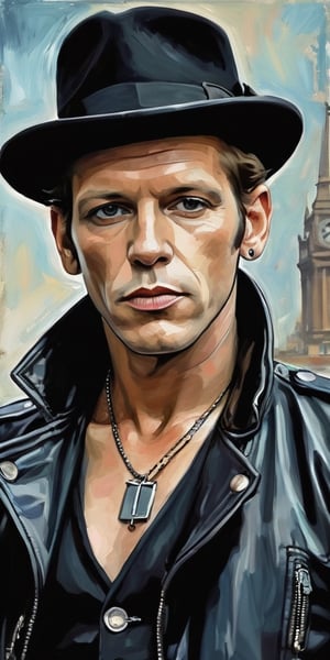 ((Portrait of Paul Simonon)), Face Portrait, ((The Clash)), (((When he was in The Clash)), ((London Calling)), Tommy Gunn, Black hat, black jacket, slender body, muted colors, digital painting, ((illustration depth) )), frontal image, haunting, very complex work, drawing style by Milo Manara, drawing style, 2D