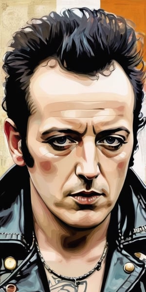 ((Portrait of Joe Strummer)), ((Portrait of a face)), Black leather jacket, The Clash, The Mescaleros, ((London Calling)), Subdued colors, Digital painting, ((Illustration) depth)), fighting pose, frontal image, unforgettable, highly complex work, drawing style, drawing style, 2D by Milo Manara ,2D