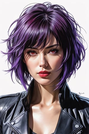 Pencil sketch of a 27-year-old beautiful Japanese-French mix woman, Motoko Kusanagi cyborg sketch, Ghost in the Shell, purple bob cut, messy hair, attractive, Charles Miano portrait, ink drawing, illustration art, soft Lighting, details, details Flowing rhythm, elegant, low contrast, adding soft blur with thin lines Lines, plump lips, ((red eyes)), black leather jacket, serious face