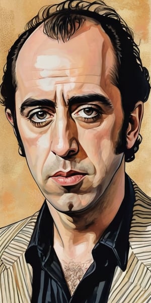 ((Portrait of Mick Jones as a young man)), ((with hair)), ((, portrait of a face, (((while in The Clash)), London Calling, Tommy Gunn, White Riot , thin body, muted colors, digital painting, ((illustration depth) )), frontal image, haunting, highly complex work, drawing style by Milo Manara, drawing style, 2D