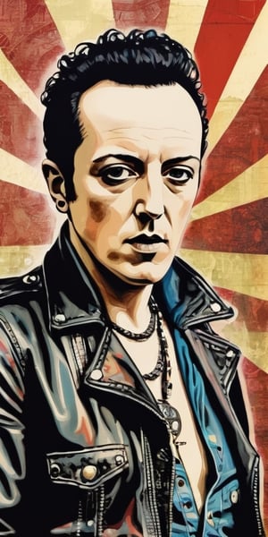 ((Portrait of Joe Strummer)), ((Portrait of a face)), Black leather jacket, The Clash, The Mescaleros, ((London Calling)), Subdued colors, Digital painting, ((Illustration) depth)), fighting pose, frontal image, unforgettable, highly complex work, drawing style, drawing style, 2D by Milo Manara ,2D