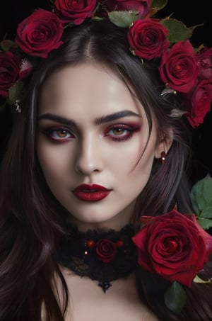 (Masterpiece, Top Quality, Absurd), ((Female)), ((Vampire)), (Dark background), Solo, Portrait, Looking directly at viewer, ((Tilts head forward, looking down) )), (details of the face), eyes closed, long black eyelashes, (beautiful blood-red rose with thorns: 1.2)), red blood, smelling the scent of roses, rose thorns piercing the skin, ( (The rose is placed behind the body)), (Blood dripping from the mouth), Tears of Blood, ((Blood Blood)), Gothic, Morbid, (Limited Palette: 0.8), Bloodstains, Graphic Background, and more prisms, bright colors, crazy, glowing eyes, extra eyes, horror \(theme\), glitter