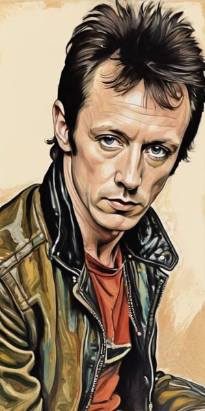 ((Portrait of Young Topper Headon)), ((Nicholas Bowen "Topper" Headon)), Portrait of a Face, (((While in The Clash)), Drummer, London Calling, Tommy Gunn , White Riot, Thin Body, Subdued Colors, Digital Painting, ((Illustration Depth) )), Frontal Image, Haunting, Very Complex Work, Drawing Style by Milo Manara, Drawing Style, 2D