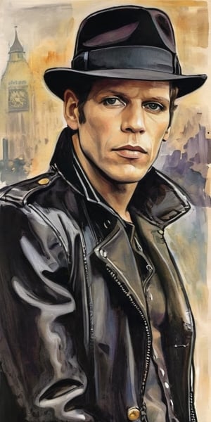 ((Portrait of Paul Simonon)), Face Portrait, ((The Clash)), (((When he was in The Clash)), ((London Calling)), Tommy Gunn, Black hat, black jacket, slender body, muted colors, digital painting, ((illustration depth) )), frontal image, haunting, very complex work, drawing style by Milo Manara, drawing style, 2D