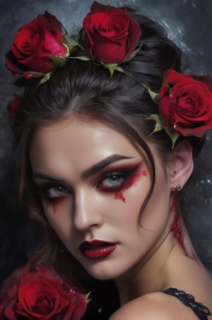(Masterpiece, Top Quality, Absurd), ((Woman)), ((Vampire)), (Dark background), Solo, Portrait, ((Head tilted forward, looking down)), (Facial details), Closed eyes, long black eyelashes, (beautiful blood-red rose with thorns: 1.2)), red blood, smelling the scent of roses, rose thorns piercing the skin, ((roses placed at the back of the body) ), (Blood dripping from the mouth), Blood Tears, ((Blood Blood)), Gothic, Morbid, (Limited Palette: 0.8), Bloodstains, Graphic Backgrounds, More Prisms, Bright Colors, Crazy, Shining eyes, extra eyes, horror \(theme\), glitter